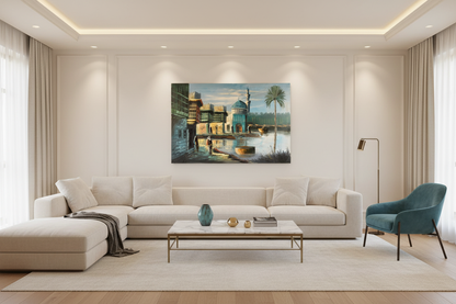 Original Iraqi riverside mosque oil painting hung unframed on feature wall in a sophisticated modern ivory leaving room at correct scale 35.43 by 23.62 inches