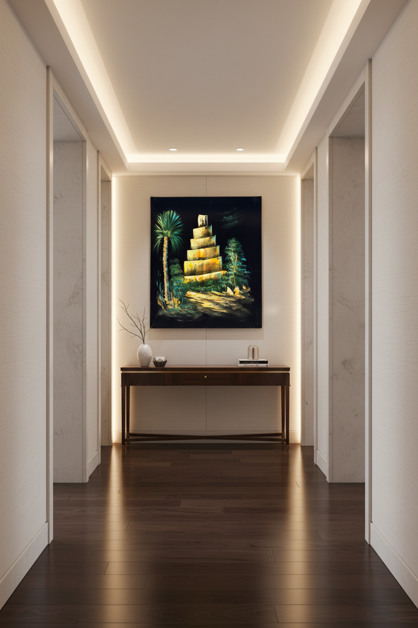 Ancient ziggurat tower canvas art staged in a stylish home hallway