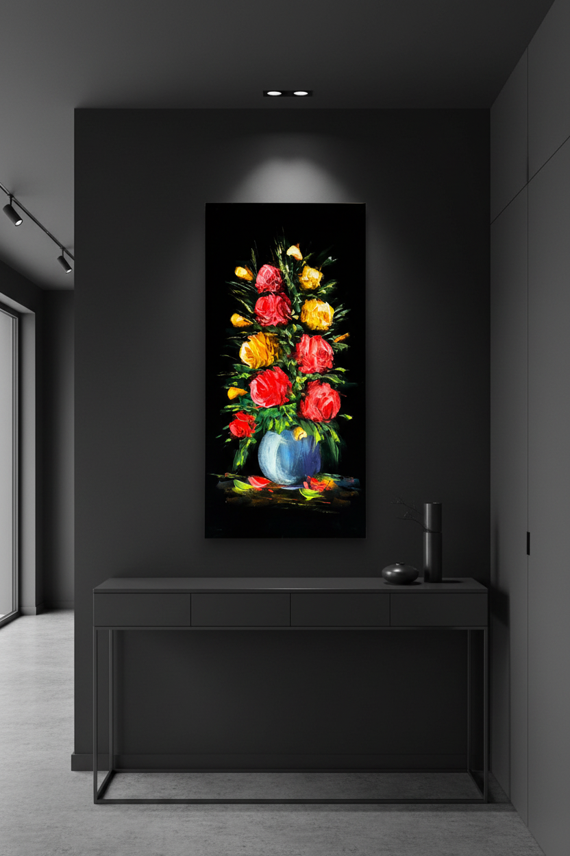 Original acrylic rose bouquet painting displayed unframed in a dark charcoal modern entryway hallway