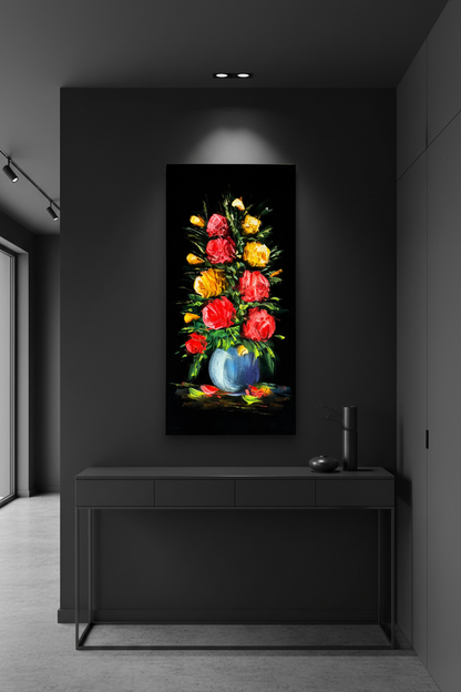 Original acrylic rose bouquet painting displayed unframed in a dark charcoal modern entryway hallway