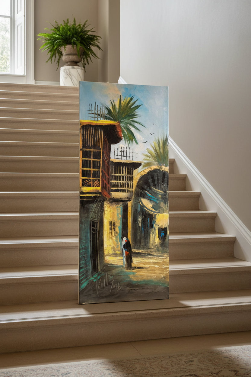 Original oil painting leaning against interior stone stairs, no frame, portrait proportions