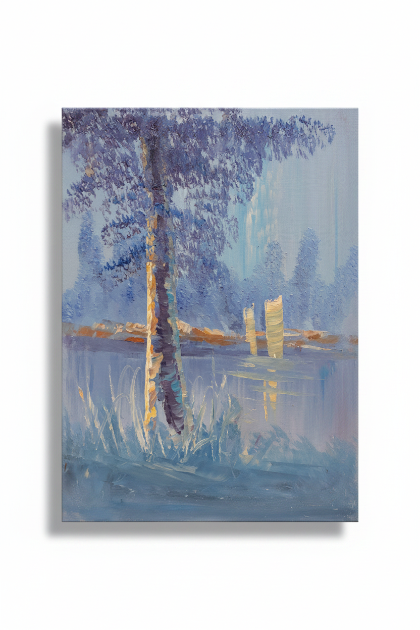 Misty lakeside tree oil painting isolated with shadow, no background