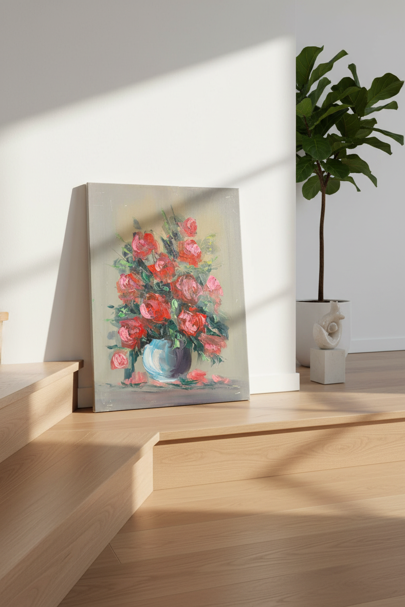 Rose bouquet painting leaning against wall near stairs in luxury home