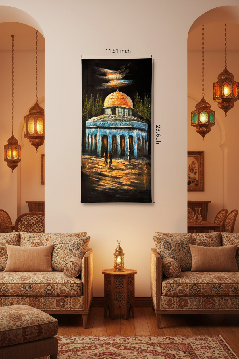 Original Dome of the Rock architectural painting displayed unframed on an ivory wall in a Middle Eastern-inspired living room