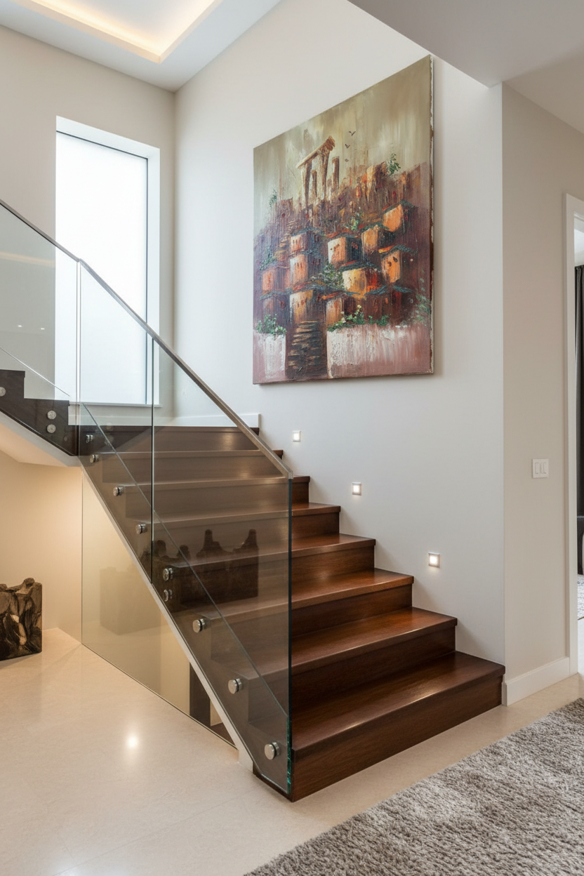 Hillside village ancient ruins oil painting hung on luxury home staircase wall, no frame, lifestyle interior