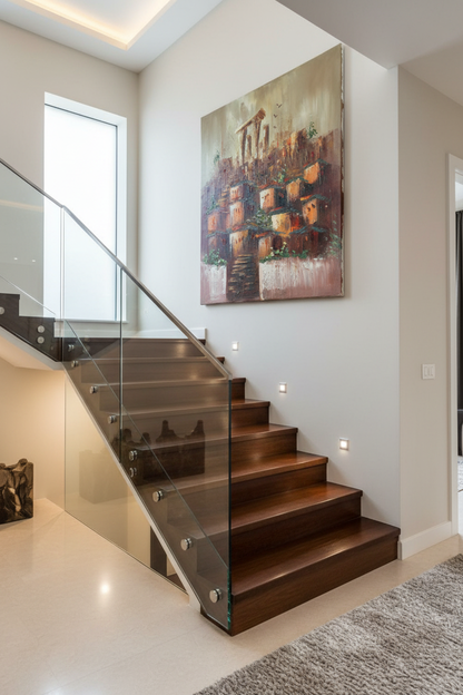 Hillside village ancient ruins oil painting hung on luxury home staircase wall, no frame, lifestyle interior