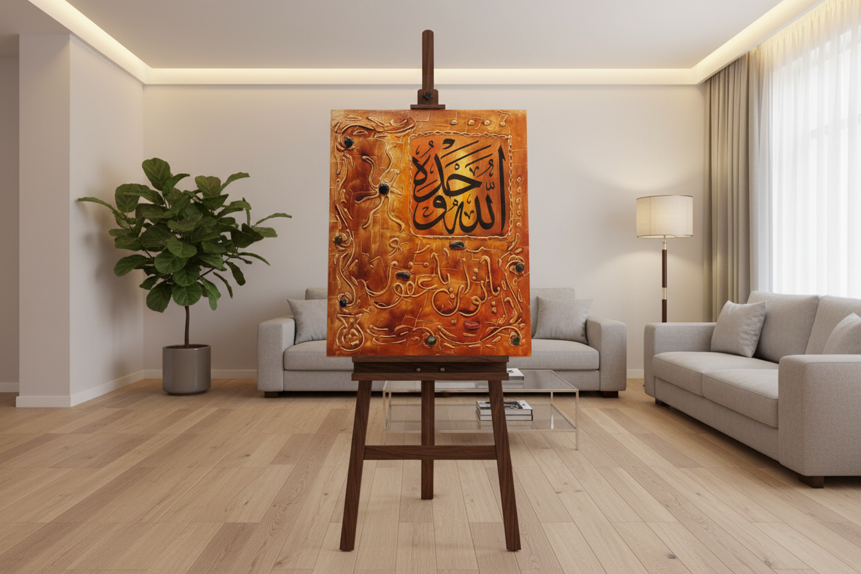 Allahu Ahad copper Islamic calligraphy panel displayed on easel stand in modern living room