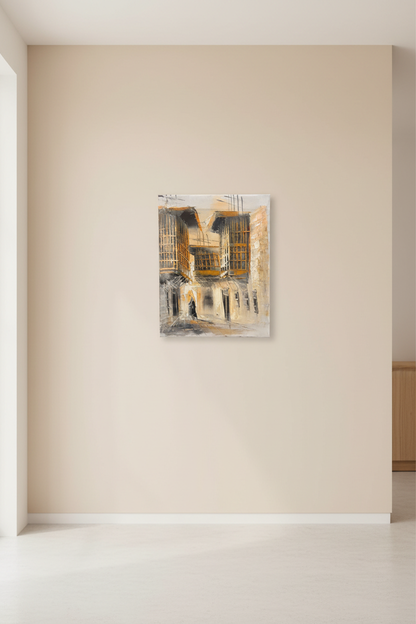 Golden balconies old town oil painting hung on empty wall – frameless display