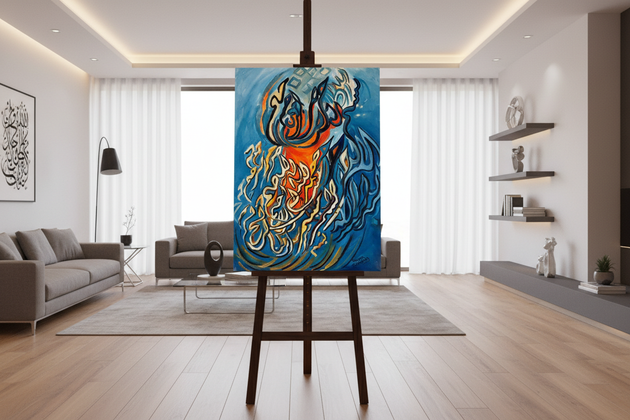 Blue flame Islamic calligraphy canvas displayed on easel stand in modern living room