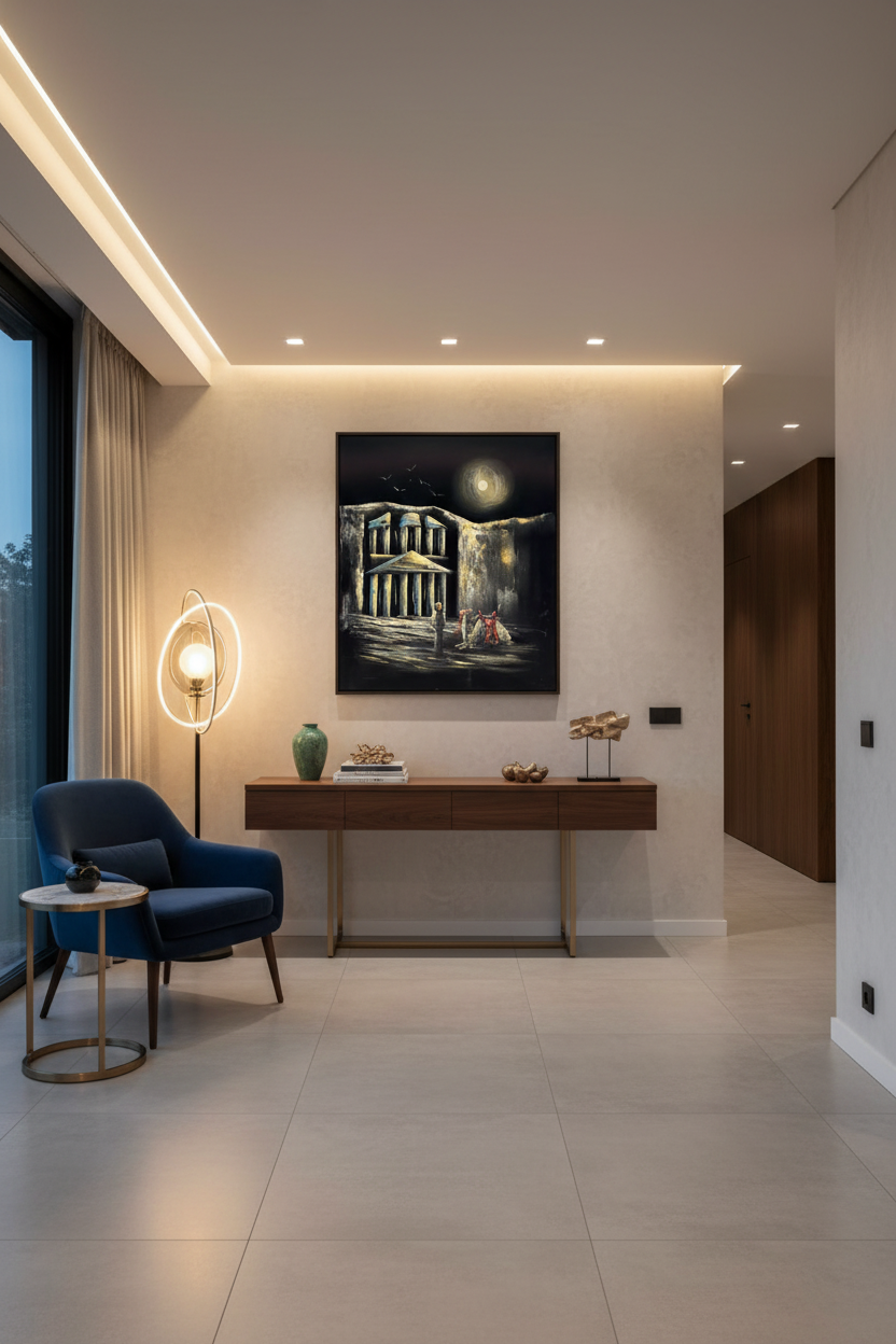 Petra Treasury moonlit night scene canvas art staged in a stylish home hallway