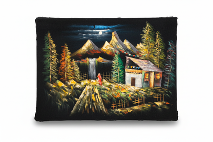 Moonlit Mountain Retreat original oil painting on white background with shadow — 39.4 x 31.5 inches canvas art