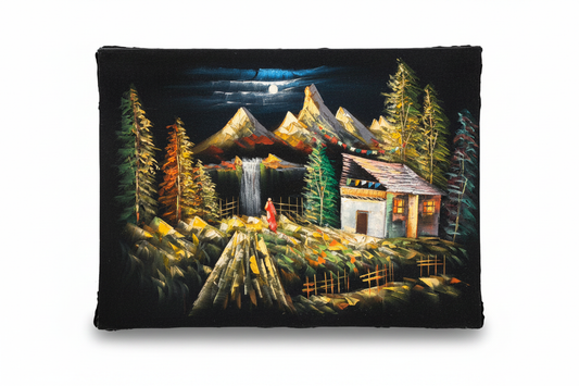 Moonlit Mountain Retreat original oil painting on white background with shadow — 39.4 x 31.5 inches canvas art