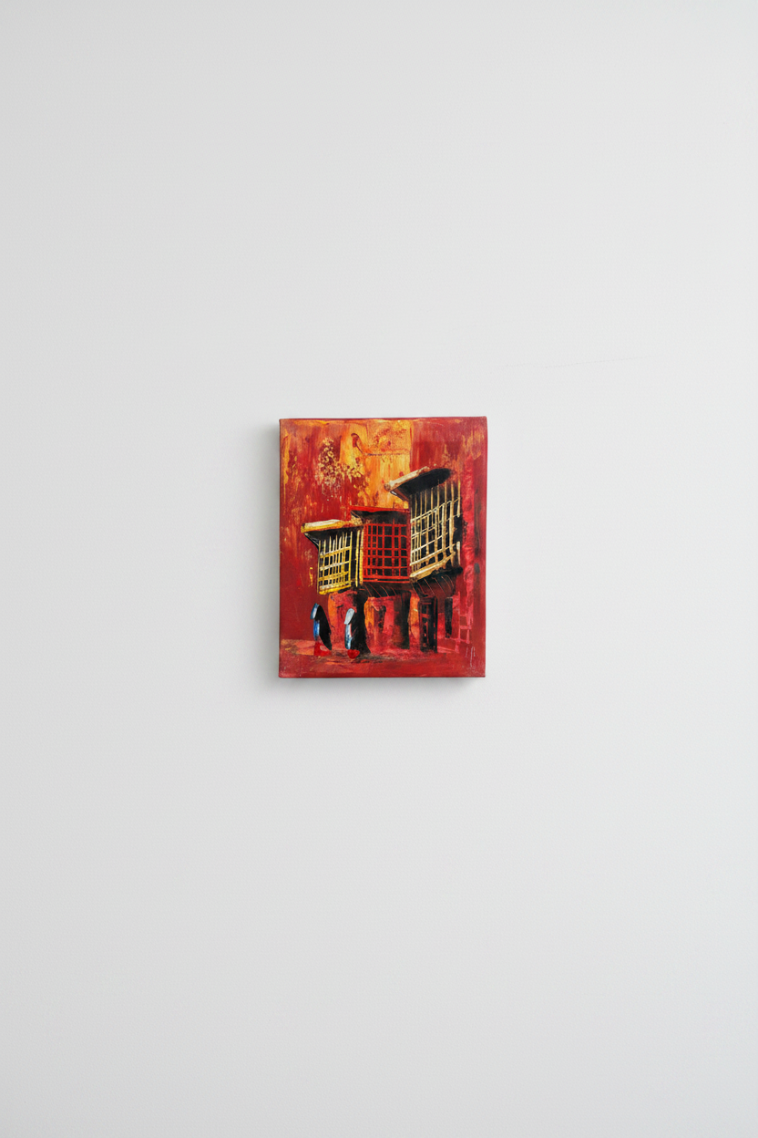 Original red shanasheel building impasto oil painting displayed unframed on clean empty white wall