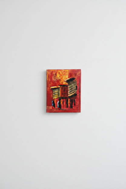 Original red shanasheel building impasto oil painting displayed unframed on clean empty white wall