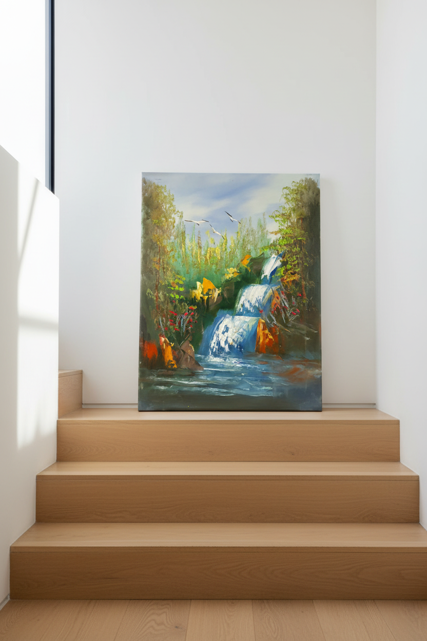 Waterfall painting leaning against wall near stairs in luxury home interior