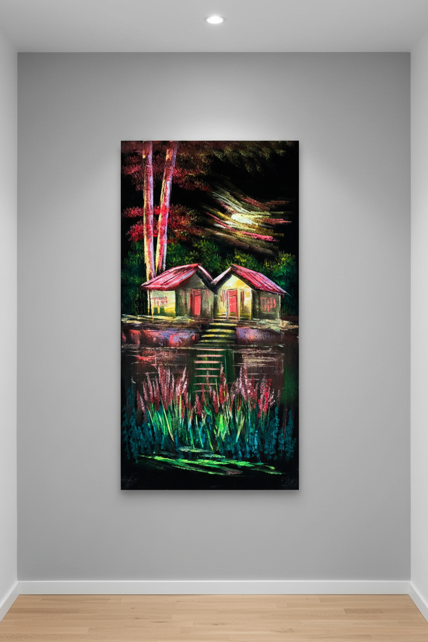 Twin Red Roof Cabins painting displayed in modern hallway interior setting