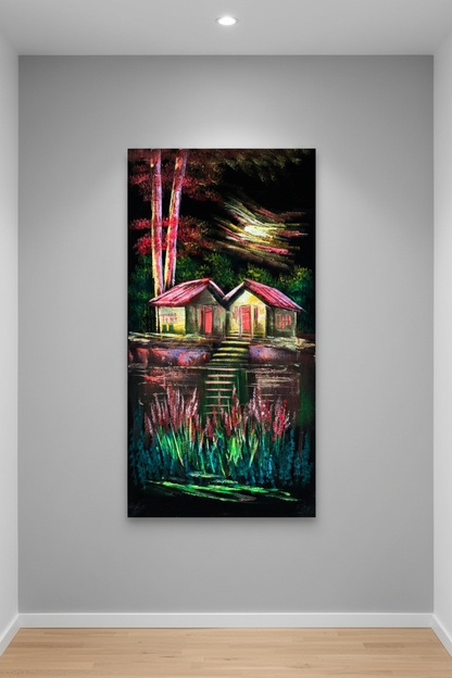 Twin Red Roof Cabins painting displayed in modern hallway interior setting