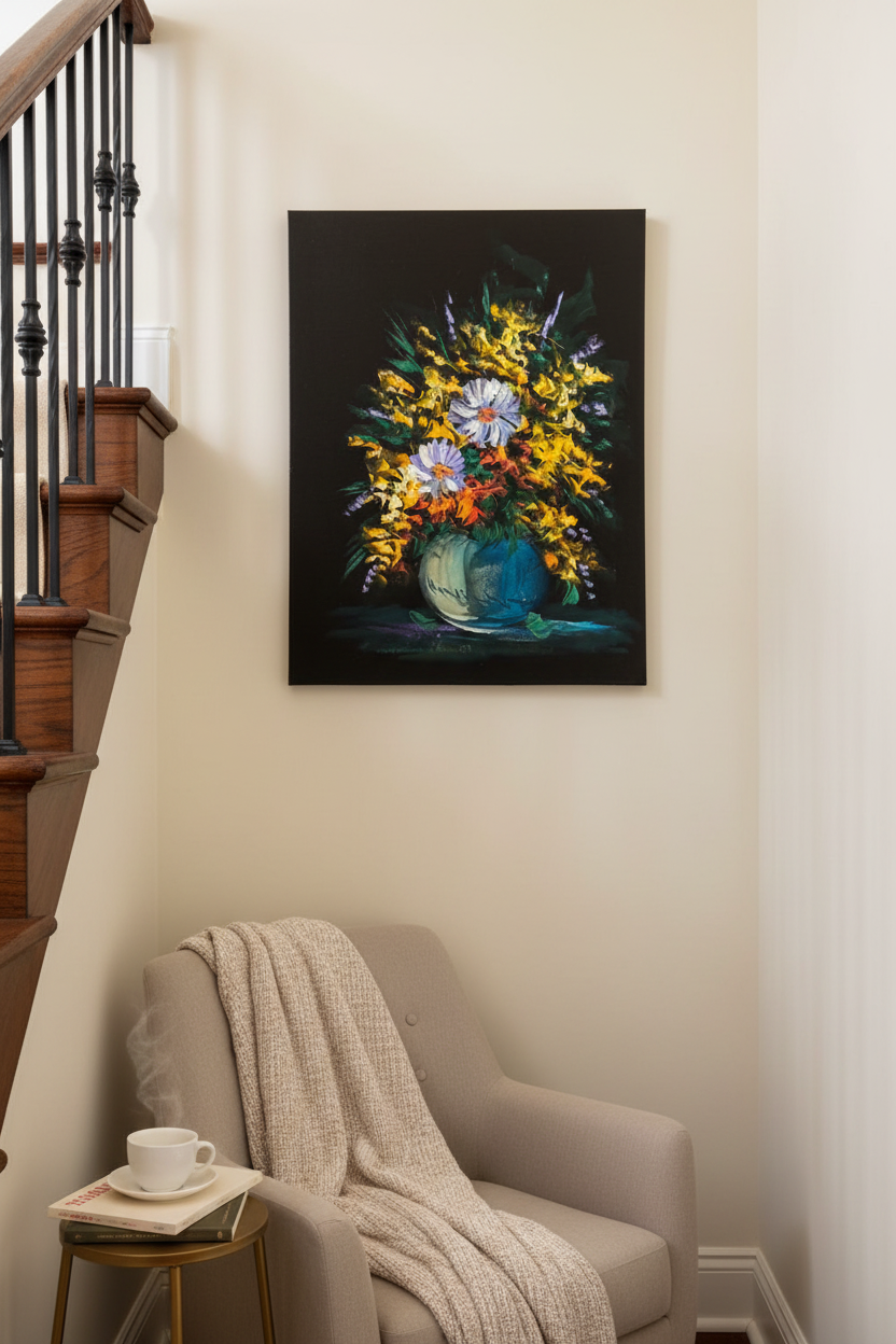 Floral Bouquet in Teal Vase oil painting on cream white wall in cozy reading nook near staircase — no frame, lifestyle interior staging
