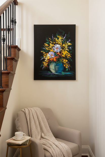 Floral Bouquet in Teal Vase oil painting on cream white wall in cozy reading nook near staircase — no frame, lifestyle interior staging