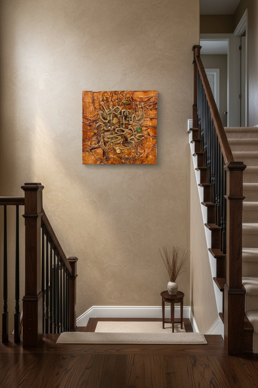 Islamic calligraphy burnt orange copper wall art displayed on staircase wall