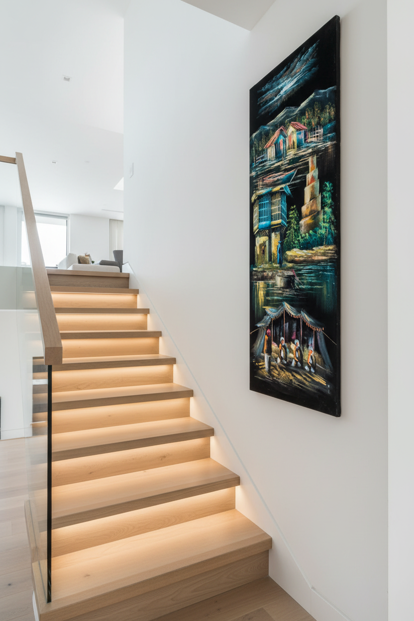 Middle Eastern village painting displayed on staircase wall in luxury home interior