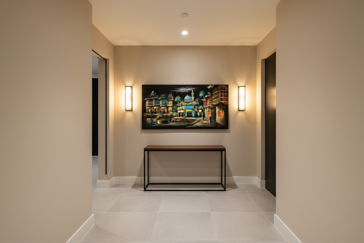 Middle Eastern waterfront bazaar night scene canvas wall art displayed in elegant hallway