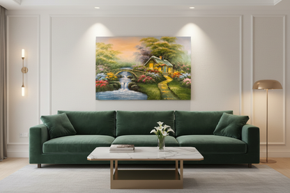 Original enchanted cottage garden oil painting hung unframed on feature wall in a sophisticated modern leaving room at correct scale 35.43 by 23.62 inches