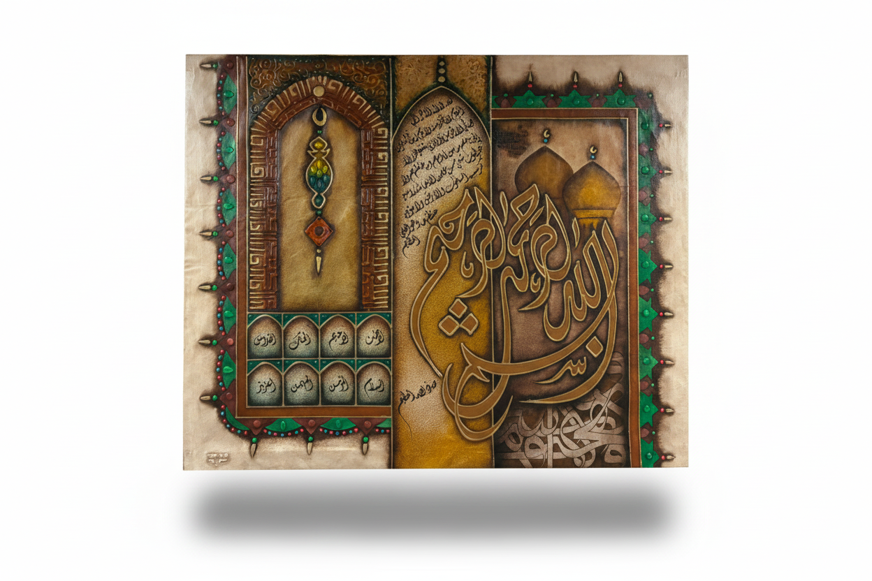Islamic mixed media canvas art on white background with shadow – product shot