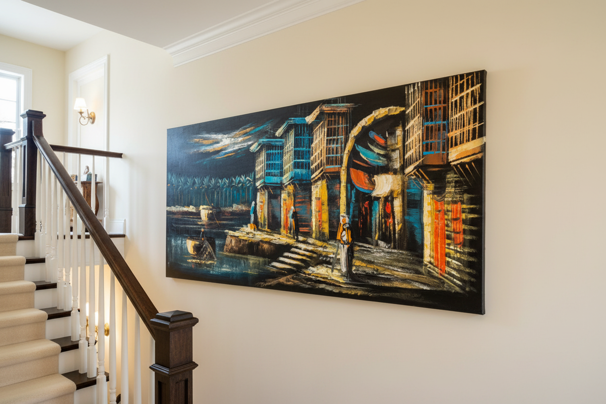 Iraqi Riverside painting displayed in elegant staircase interior setting