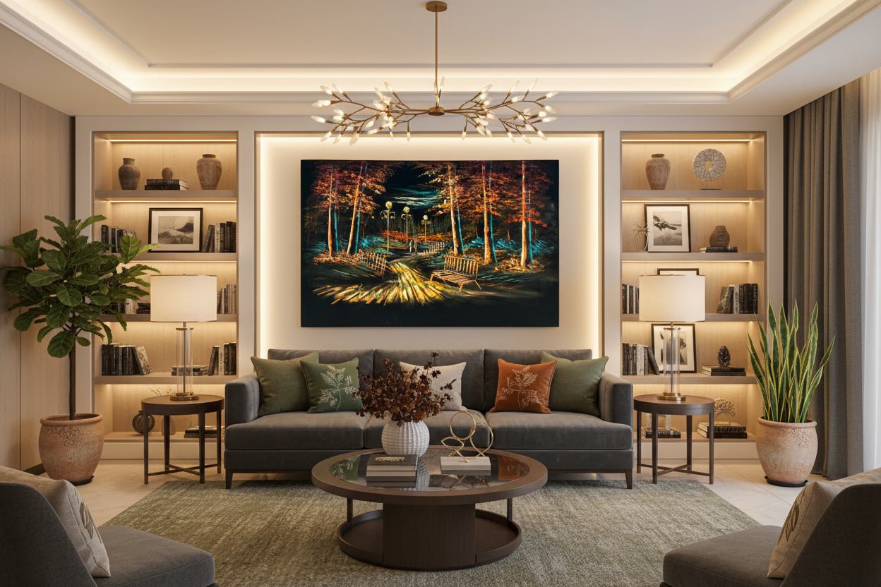 Nocturnal park canvas art displayed in elegant luxury living room — lifestyle interior mockup