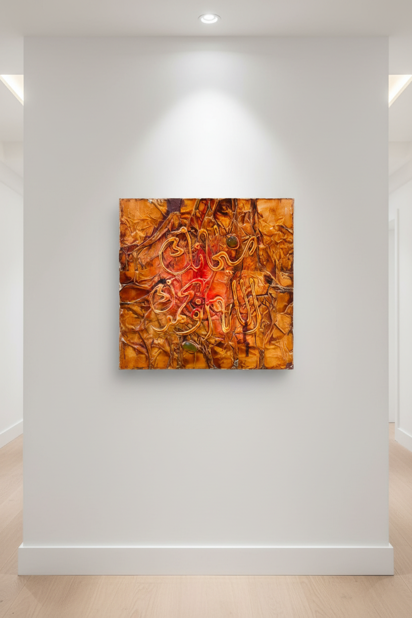 Islamic calligraphy amber gold wall art displayed in modern hallway