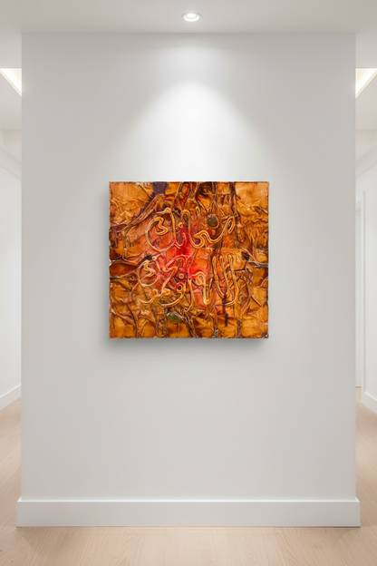 Islamic calligraphy amber gold wall art displayed in modern hallway