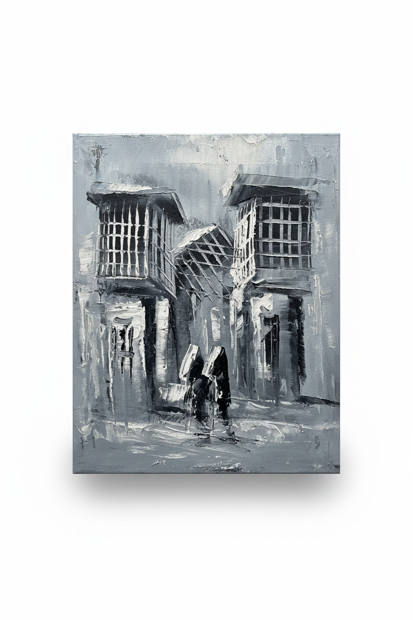 Old city shanasheel alleyway monochromatic impasto oil painting isolated on white background with soft drop shadow — no frame