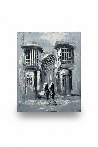 Old city shanasheel alleyway monochromatic impasto oil painting isolated on white background with soft drop shadow — no frame