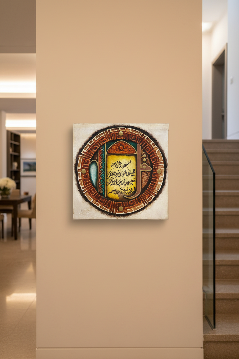 Surah Al-Falaq circular mandala canvas on staircase wall – 35cm x 35cm square