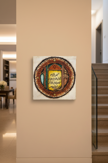 Surah Al-Falaq circular mandala canvas on staircase wall – 35cm x 35cm square