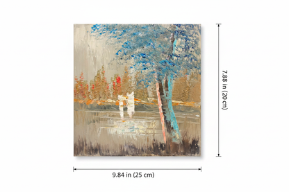 Dimension diagram showing 9.84 inch width and 7.87 inch height of the misty park teal tree oil painting canvas
