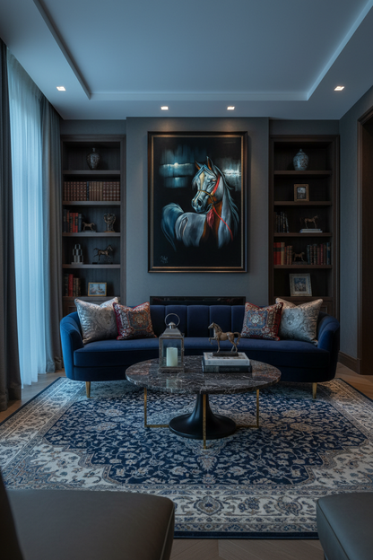Moonlit grey Arabian horse portrait canvas art in elegant luxury living room — lifestyle interior mockup