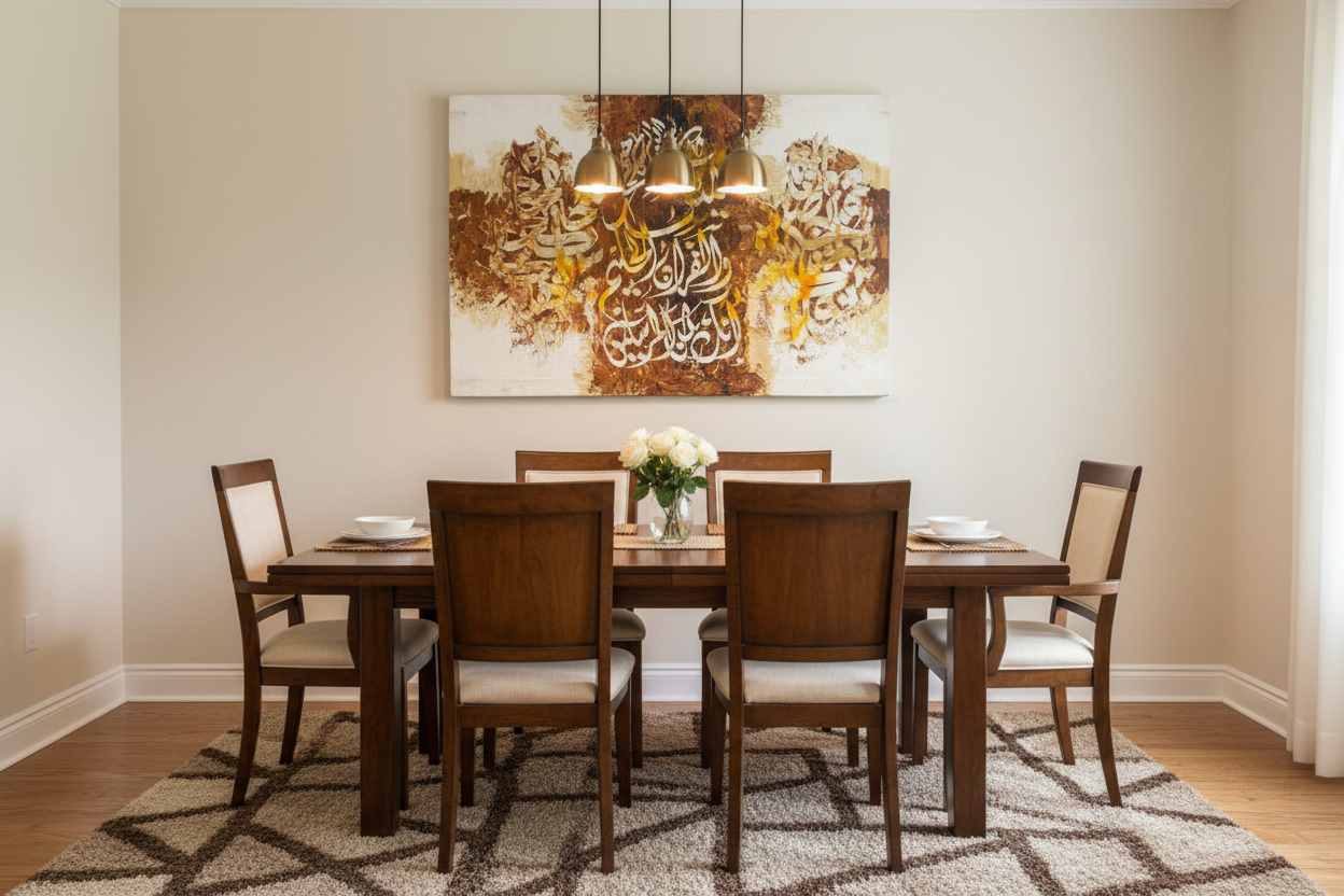Quranic calligraphy white gold burnt sienna canvas displayed in a dining area, no frame