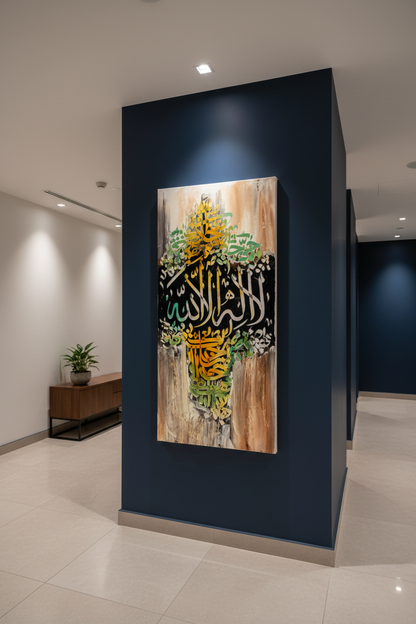 La Ilaha Illallah Islamic calligraphy canvas art hung in a modern hallway – lifestyle mockup, no frame