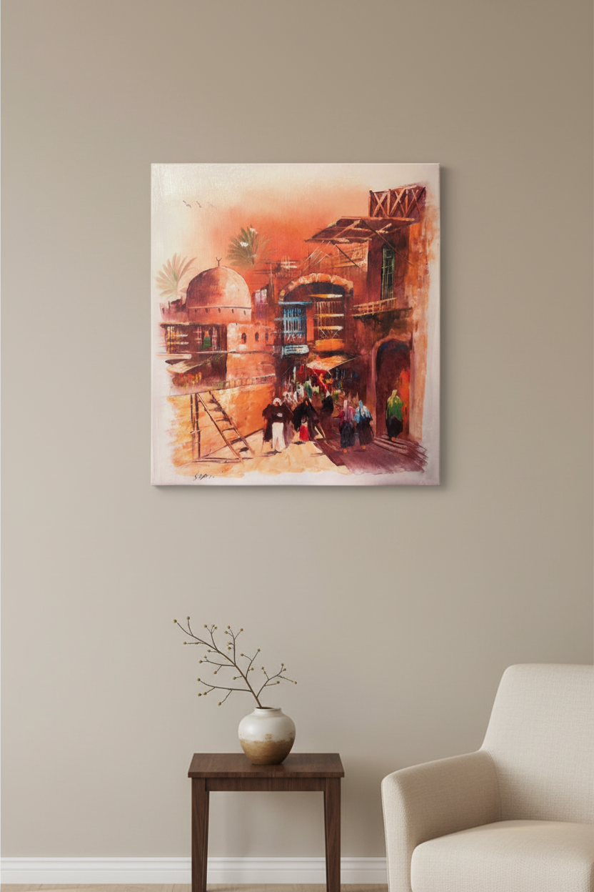 Arabian old city mosque souk entrance heritage canvas art displayed in elegant room lifestyle photo