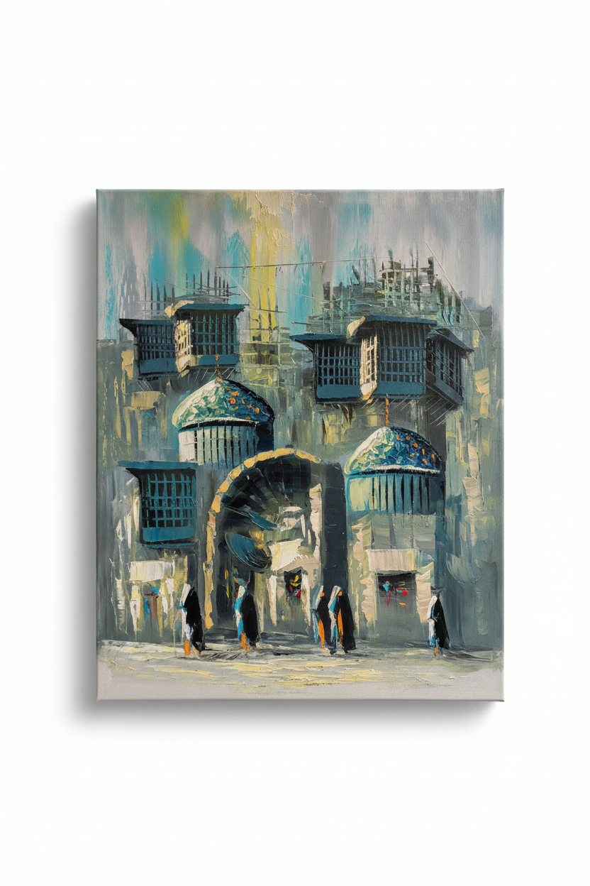 Historic city gate teal domes oil painting isolated on white background with drop shadow, no frame, raw portrait canvas edges
