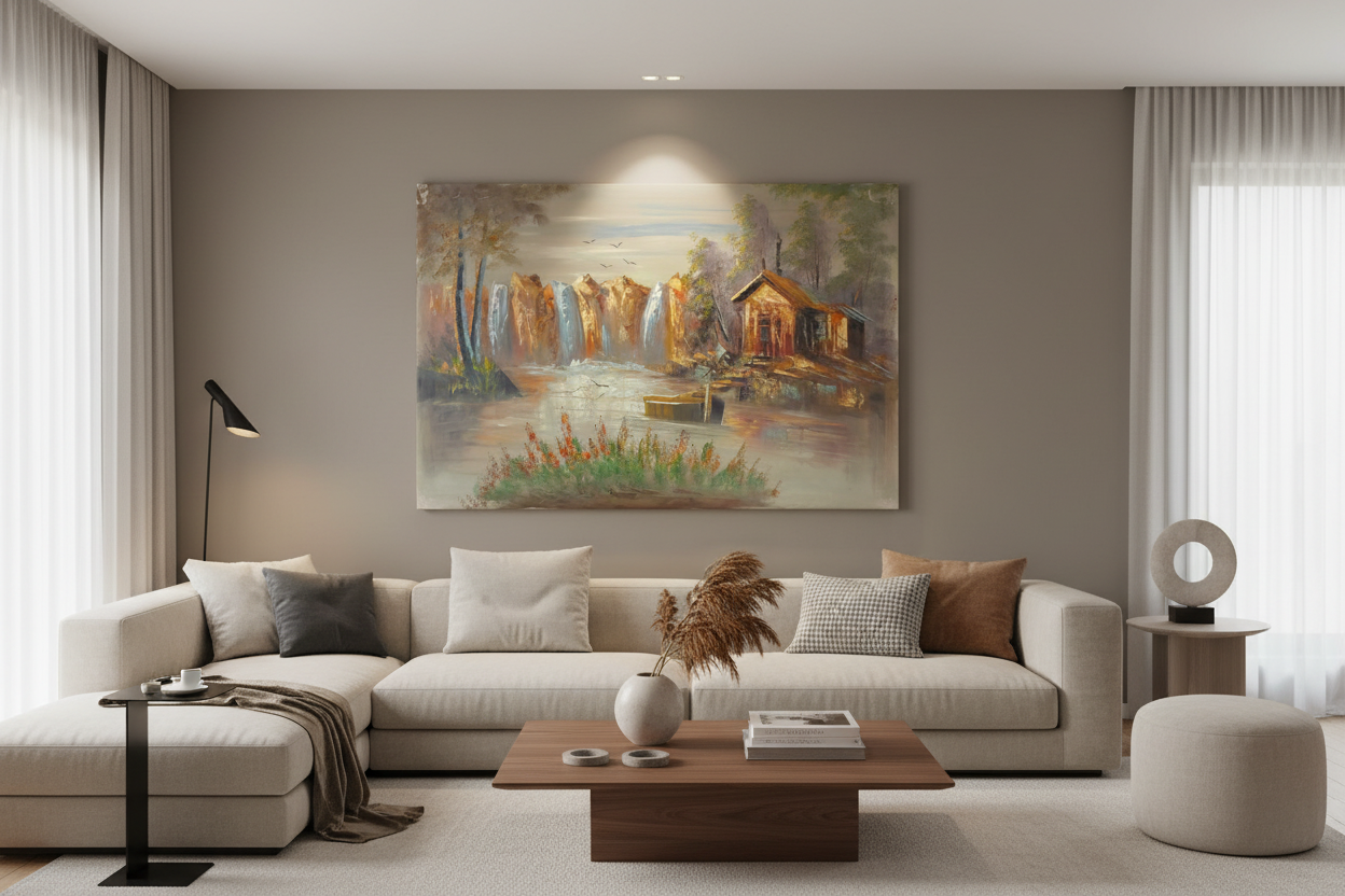 Original autumn canyon cabin waterfall oil painting hung unframed on feature wall in a sophisticated modern leaving room at correct scale 35.43 by 23.62 inches