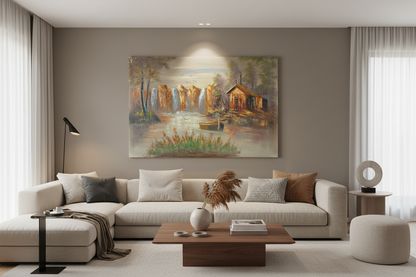 Original autumn canyon cabin waterfall oil painting hung unframed on feature wall in a sophisticated modern leaving room at correct scale 35.43 by 23.62 inches