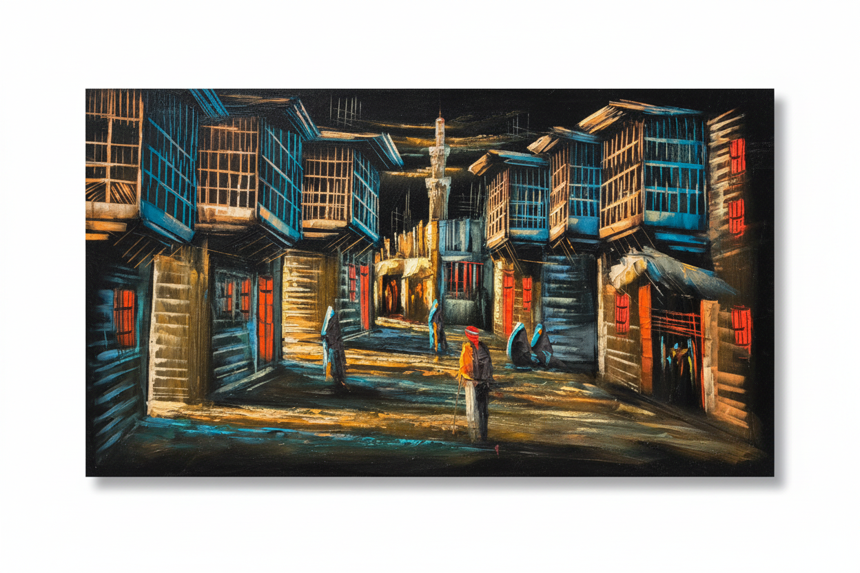 Iraqi old town alleyway night scene canvas wall art on white background with shadow – 47x24 inches