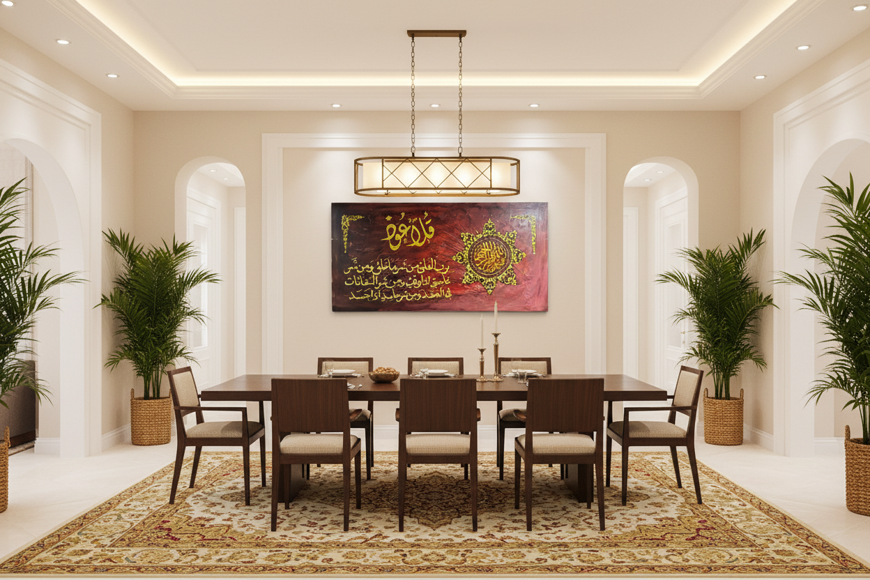 Surah Al-Falaq Islamic calligraphy canvas displayed in open area dining room