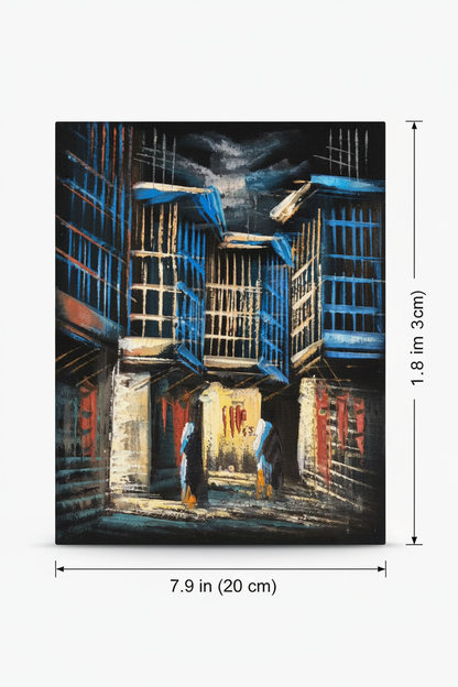 Blue mashrabiya alleyway canvas art with dimensions 7.9 inches wide x 11.8 inches tall 20cm x 30cm