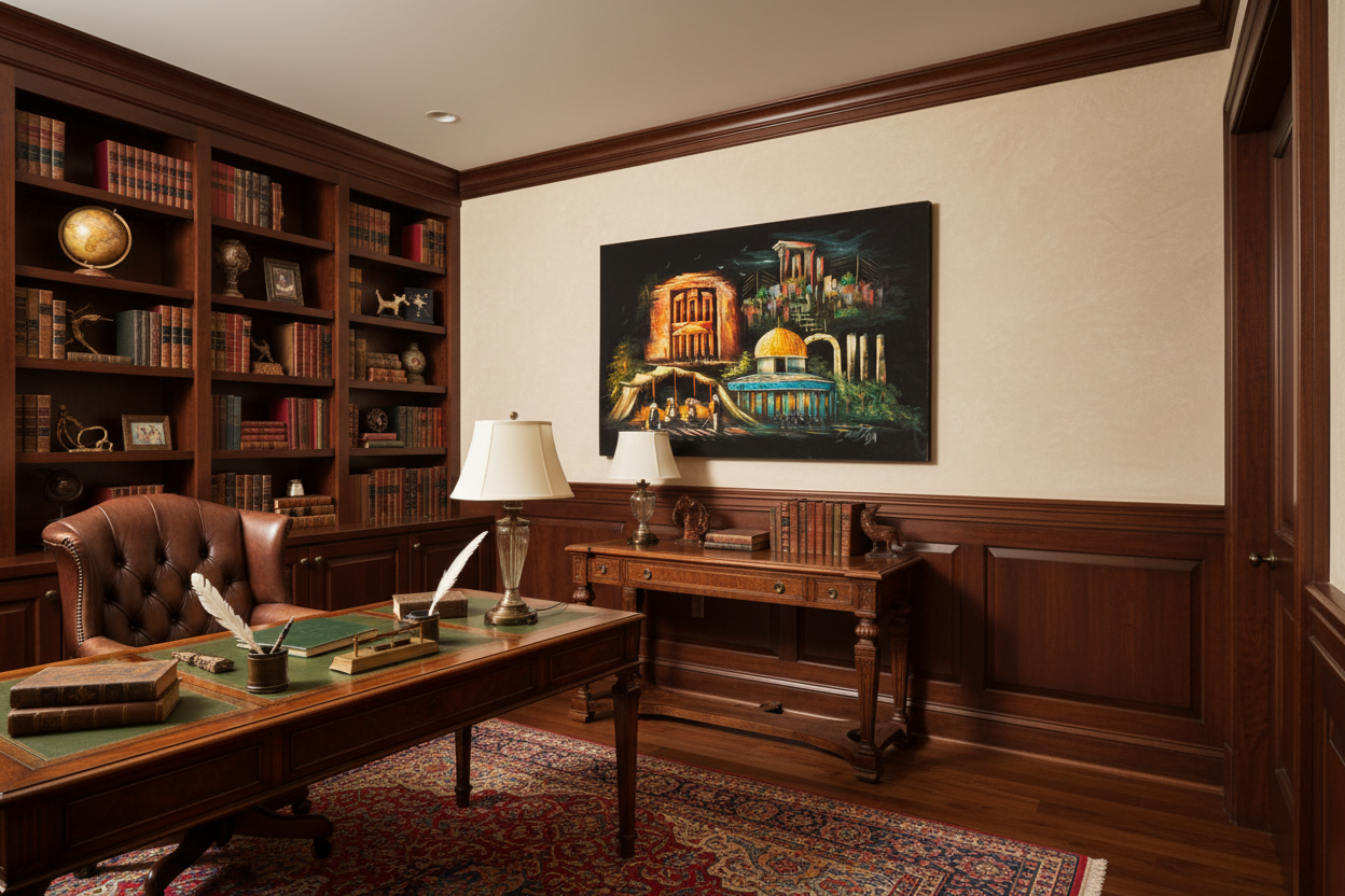 Heritage landmarks collage canvas art in sophisticated home office or study — lifestyle interior mockup