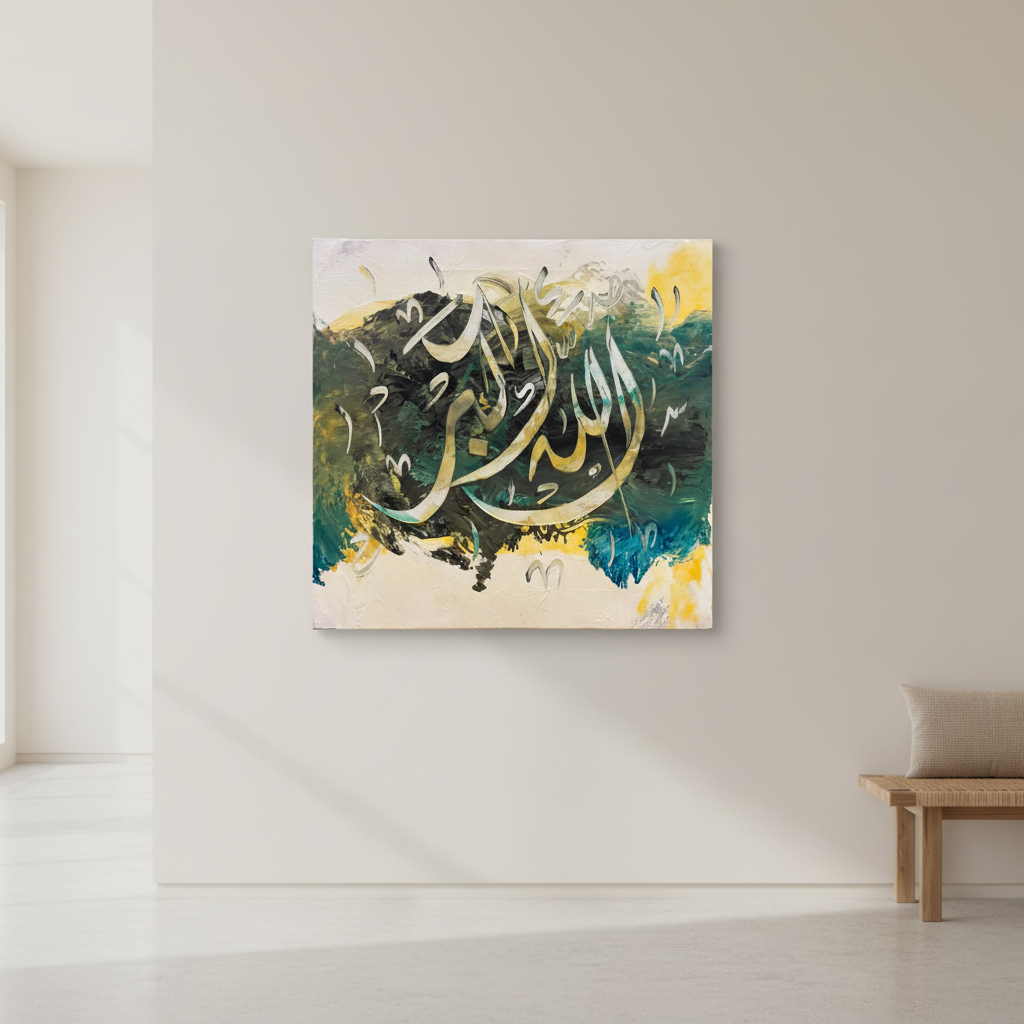 Allahu Akbar calligraphy canvas on empty hallway wall