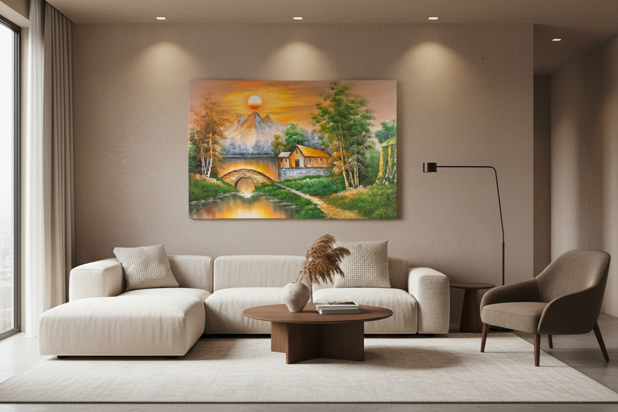 Original countryside sunset oil painting hung unframed on feature wall in a sophisticated modern leaving room at correct scale 35.43 by 23.62 inches